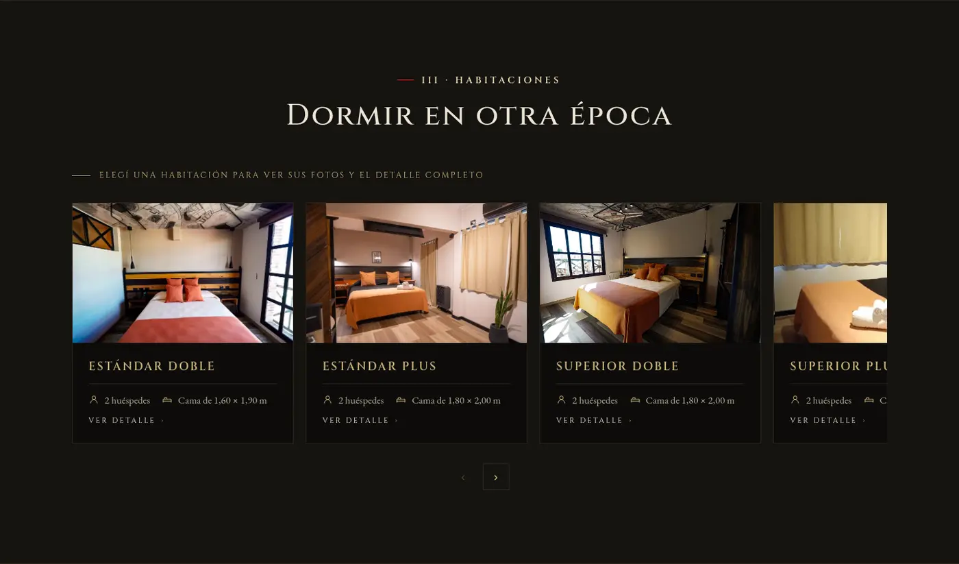 Sección de habitaciones del sitio de Terra Firma, con fotos de cada categoría